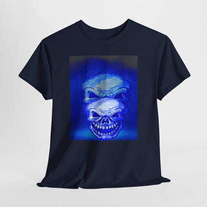 Skull Double Exposure Tee — Neon Blue Horror Graphic T-Shirt