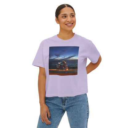 Women's Boxy Tee Fire Wheelie  Ocean Sunset Design, Relaxed Fit T-Shirt, Perfect for Casual Wear, Summer Vibe, Beach Day Gift