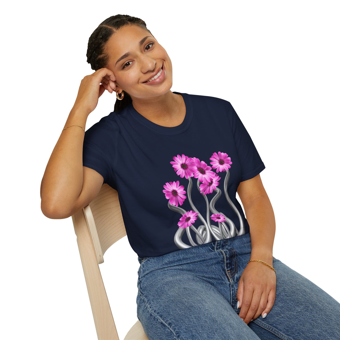 Floral Metal Futuristic Twist T‑Shirt — Pink Daisy Vine Graphic Tee