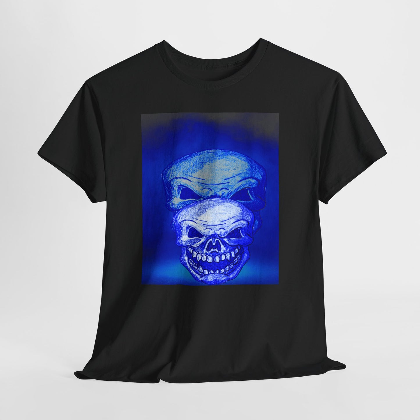 Skull Double Exposure Tee — Neon Blue Horror Graphic T-Shirt