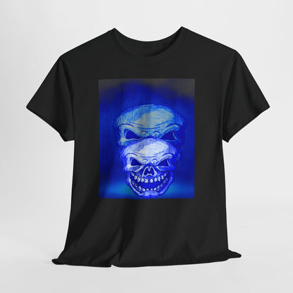 Skull Double Exposure Tee — Neon Blue Horror Graphic T-Shirt