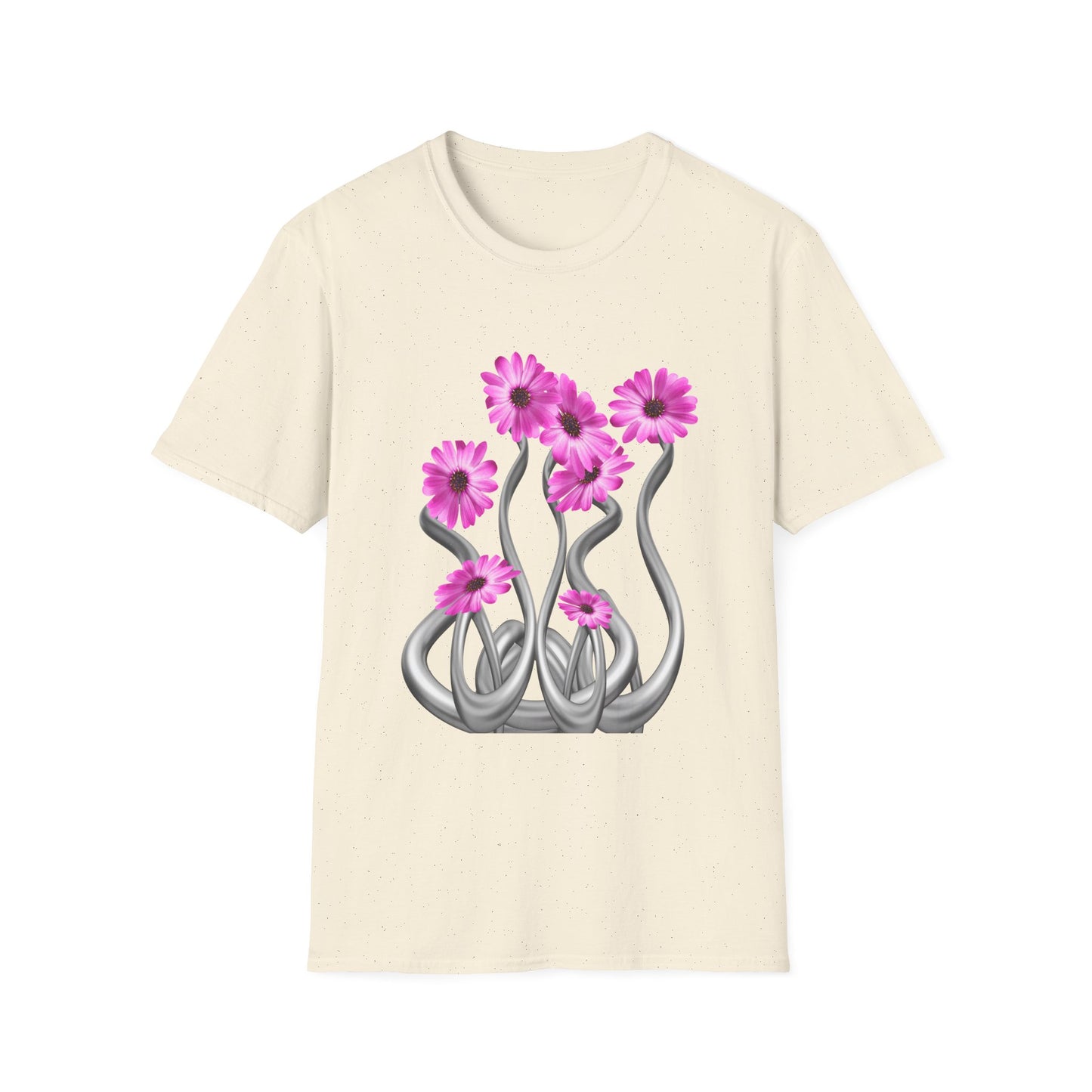 Floral Metal Futuristic Twist T‑Shirt — Pink Daisy Vine Graphic Tee