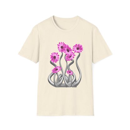 Floral Metal Futuristic Twist T‑Shirt — Pink Daisy Vine Graphic Tee