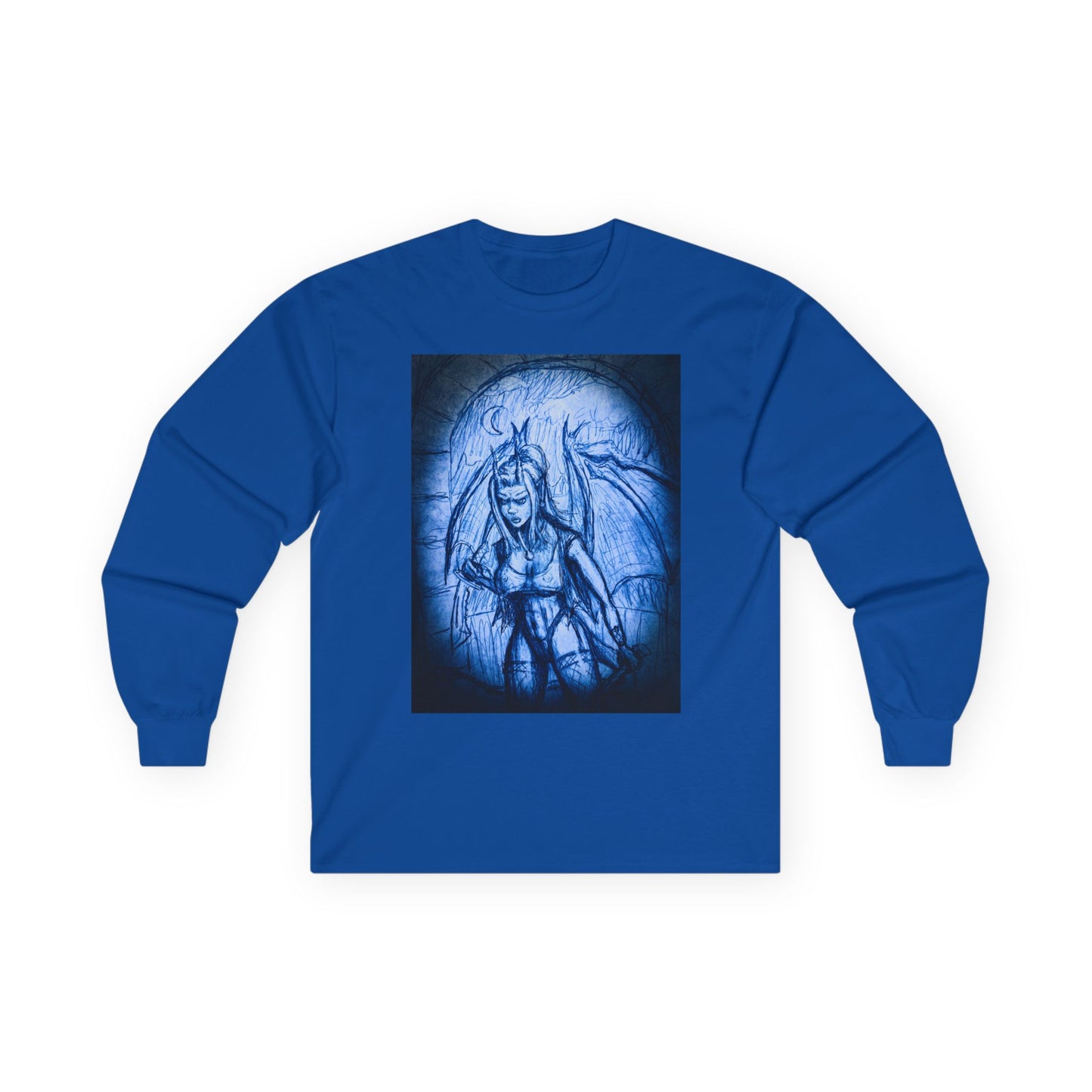 Gothic Demon Art Long Sleeve Tee — Blue Gothic Illustration