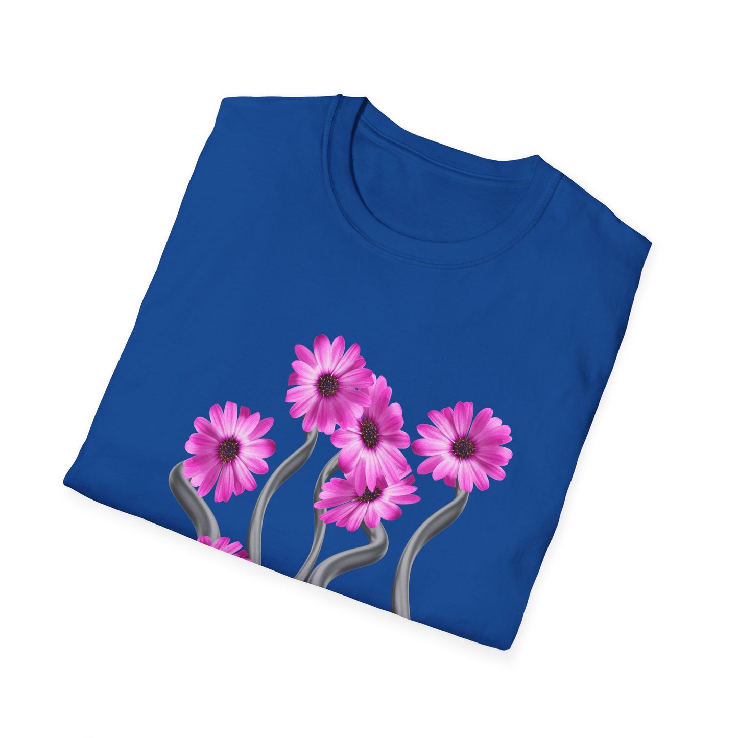 Floral Metal Futuristic Twist T‑Shirt — Pink Daisy Vine Graphic Tee