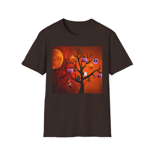 Halloween Pumpkin Tree T-Shirt, Unisex Softstyle Tee for Halloween, Spooky Vibes, Autumn Fashion, Fall Celebration Shirt