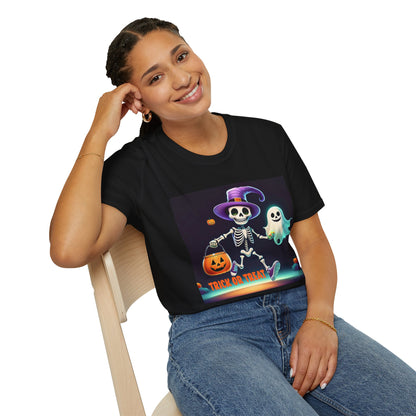 Halloween Skeleton Unisex T-Shirt, Trick or Treat Tee, Spooky Season Apparel, Ghost Theme Shirt, Halloween Costume Top