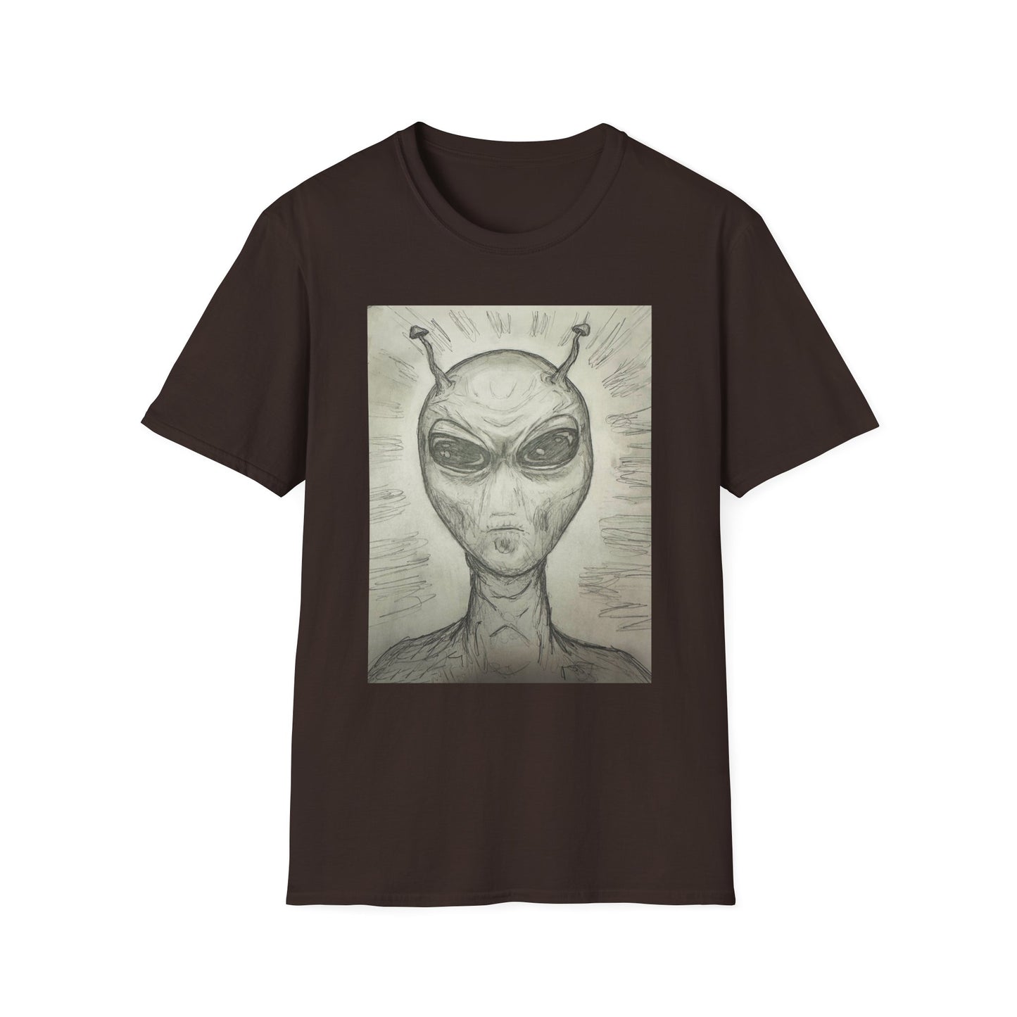 Alien Sketch B & W Unisex Softstyle T-Shirt, Casual Graphic Tee, Sci-Fi Lover Apparel, Unique Gift for UFO Enthusiasts, Everyday Wear