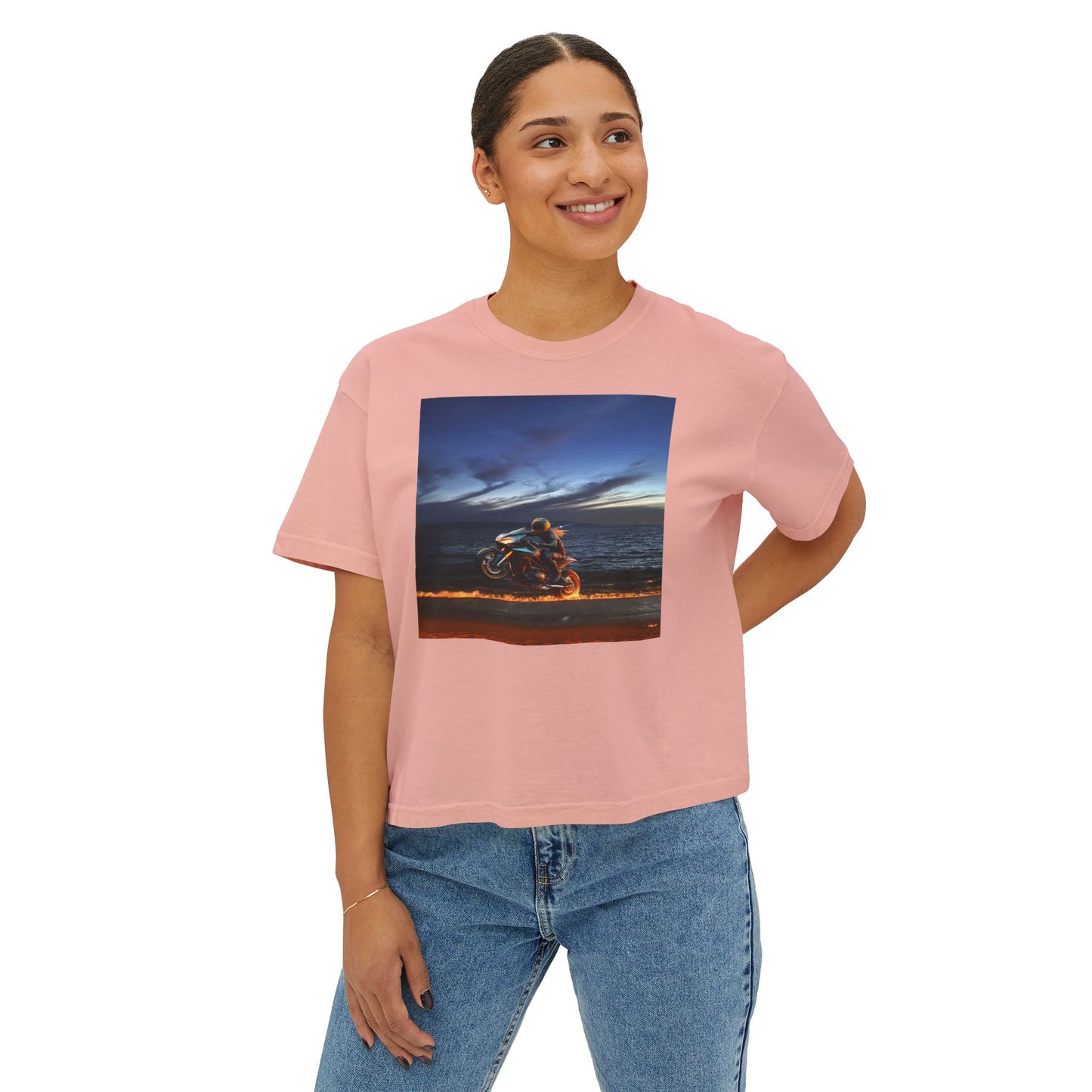 Women's Boxy Tee Fire Wheelie  Ocean Sunset Design, Relaxed Fit T-Shirt, Perfect for Casual Wear, Summer Vibe, Beach Day Gift