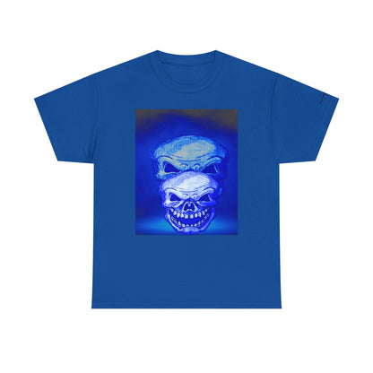 Skull Double Exposure Tee — Neon Blue Horror Graphic T-Shirt