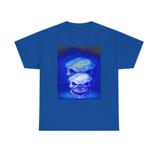 Skull Double Exposure Tee — Neon Blue Horror Graphic T-Shirt