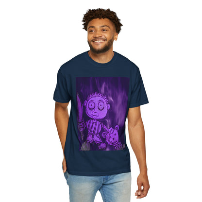 Horror Cartoon T-Shirt — Creepy Knife Kid with Broken Bunny Graphic