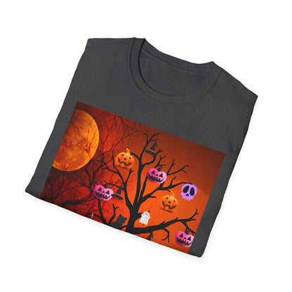 Halloween Pumpkin Tree T-Shirt, Unisex Softstyle Tee for Halloween, Spooky Vibes, Autumn Fashion, Fall Celebration Shirt
