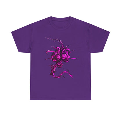 Purple Floral Unisex Heavy Cotton Tee - Artistic Graphic Shirt
