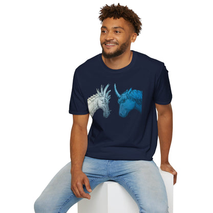 Fantasy Creatures Unisex T-Shirt - Unicorn vs Dragon Design