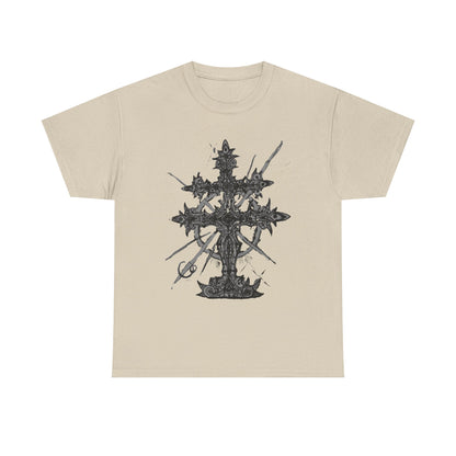 Gothic Cross Graphic T-Shirt — Dark Ornate Church Cross Tee