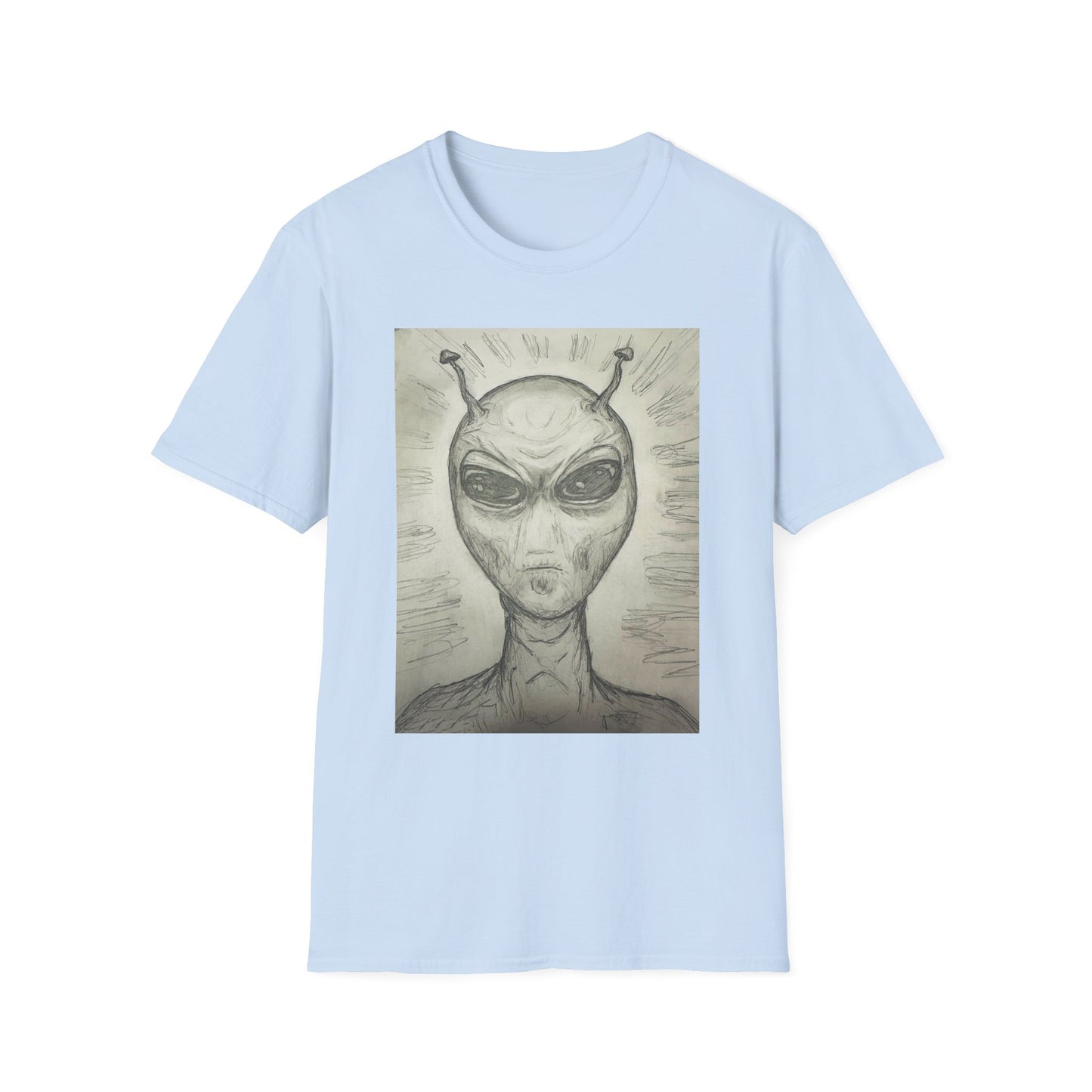 Alien Sketch B & W Unisex Softstyle T-Shirt, Casual Graphic Tee, Sci-Fi Lover Apparel, Unique Gift for UFO Enthusiasts, Everyday Wear