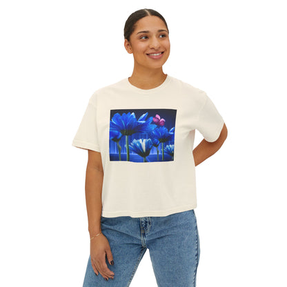 Floral Blue Flowered Backlight Women's Boxy Tee, Boho Chic Style, Perfect Summer Top, Gift for Her, Casual Cute Shirt, Nature-Inspired Apparel