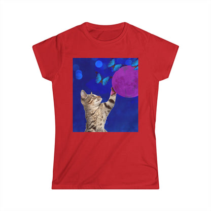 Playful tabby reaches for pink moon Women's Softstyle Tee