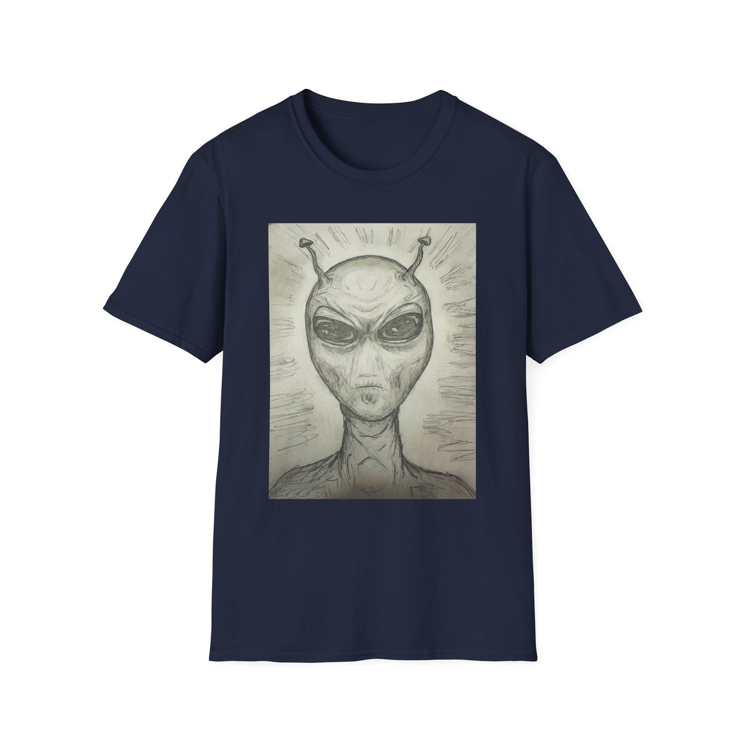 Alien Sketch B & W Unisex Softstyle T-Shirt, Casual Graphic Tee, Sci-Fi Lover Apparel, Unique Gift for UFO Enthusiasts, Everyday Wear