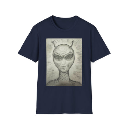 Alien Sketch B & W Unisex Softstyle T-Shirt, Casual Graphic Tee, Sci-Fi Lover Apparel, Unique Gift for UFO Enthusiasts, Everyday Wear