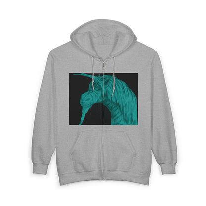 Green Unicorn Graphic Full Zip Hoodie for Animal Lovers | Cozy Outerwear for Spring, Unique Gift, Casual Wear, Birthday, Festival