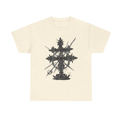 Gothic Cross Graphic T-Shirt — Dark Ornate Church Cross Tee