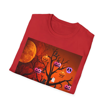 Halloween Pumpkin Tree T-Shirt, Unisex Softstyle Tee for Halloween, Spooky Vibes, Autumn Fashion, Fall Celebration Shirt