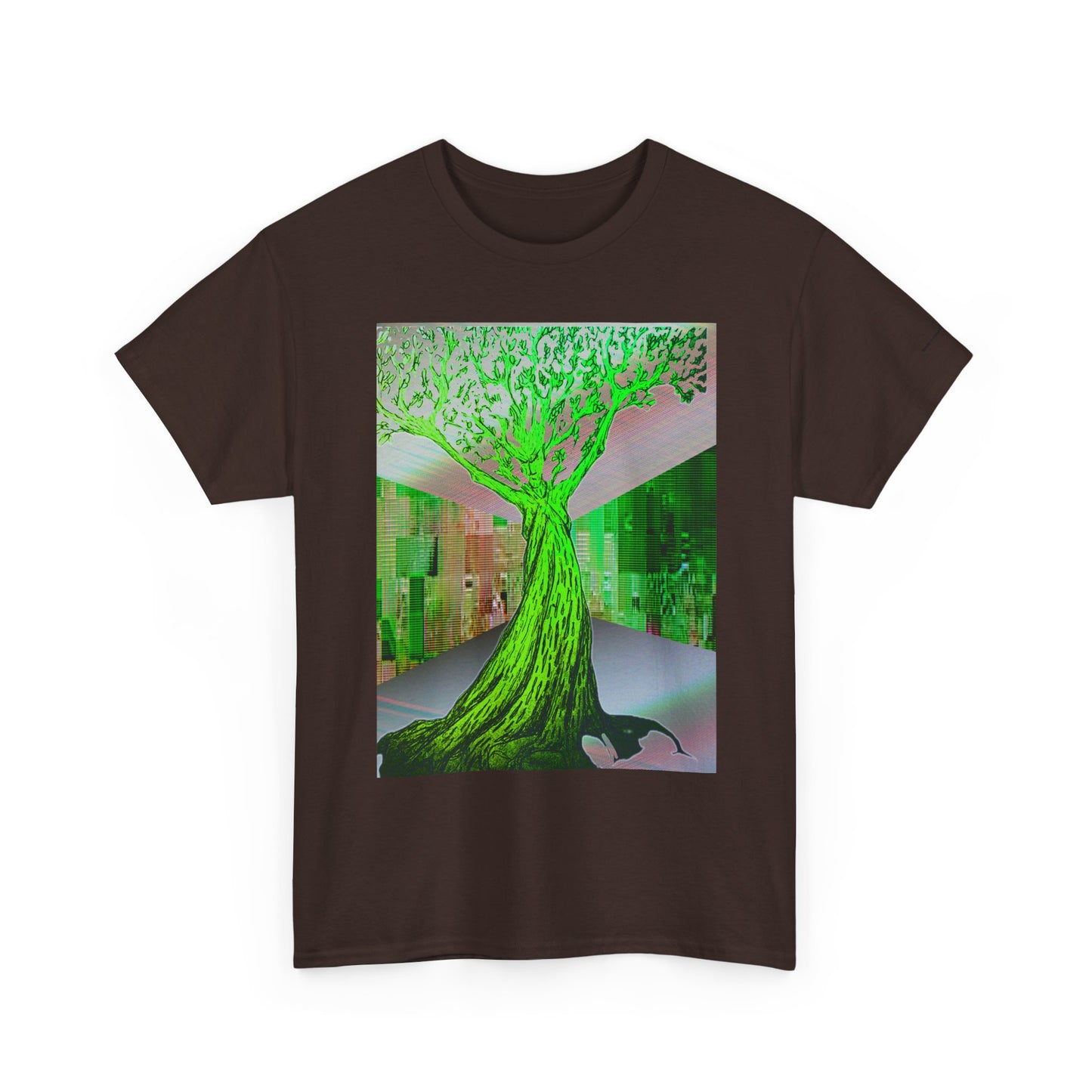 Green Neon Tree Graphic Tee – Surreal Nature Art T-Shirt