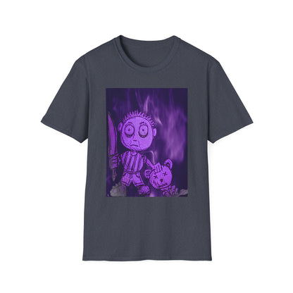 Gothic Purple Cartoon Horror Tee — Knife Kid with Teddy Graphic T-Shirt