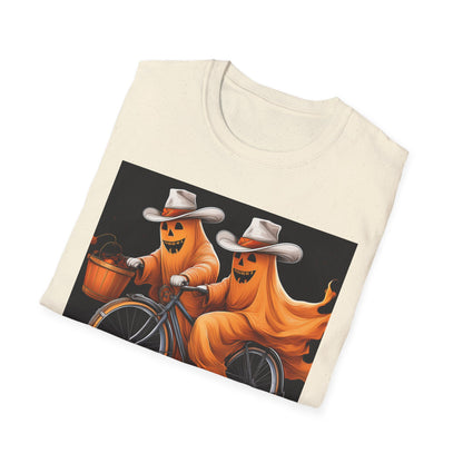 Funny cowboyGhost Bicycle T-Shirt | Halloween Tee for Kids, Unisex Festival Apparel, Ghostly Fun Wear, Spooky Season Gift