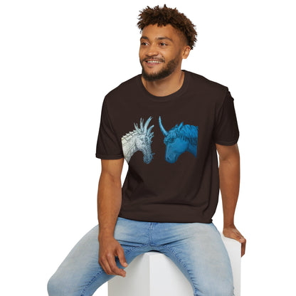 Fantasy Creatures Unisex T-Shirt - Unicorn vs Dragon Design