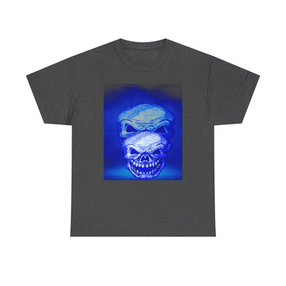 Skull Double Exposure Tee — Neon Blue Horror Graphic T-Shirt