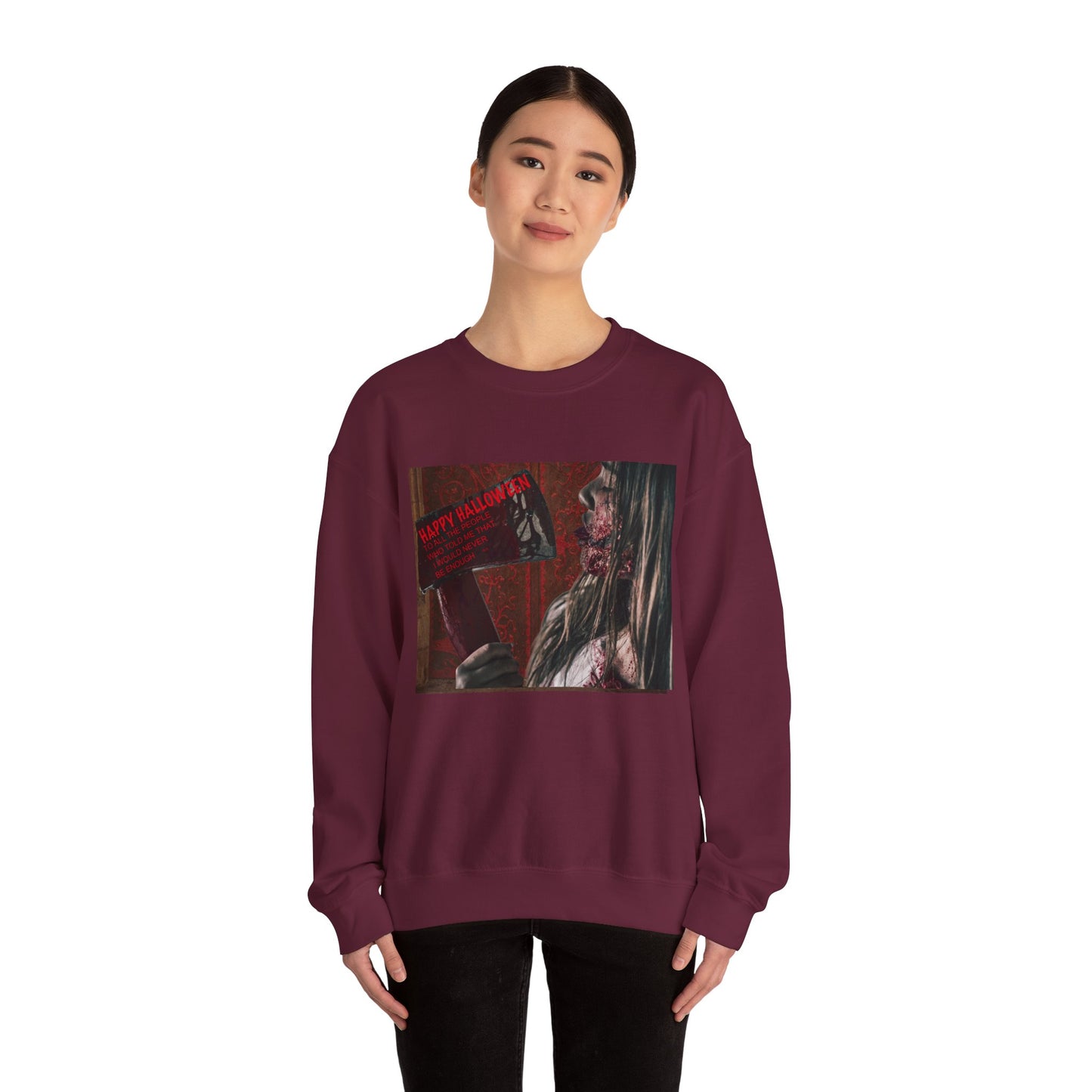 Halloween Horror Girl with Axe Sweatshirt, Unisex Crewneck, Horror Movie Fan Apparel, Halloween Costume Layering