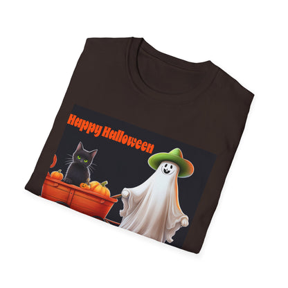 Halloween Ghost with wagon t-Shirt, trick or treating  Funny Halloween Tee, Unisex Casual Shirt, Cute Halloween Costume, Spooky Holiday Apparel