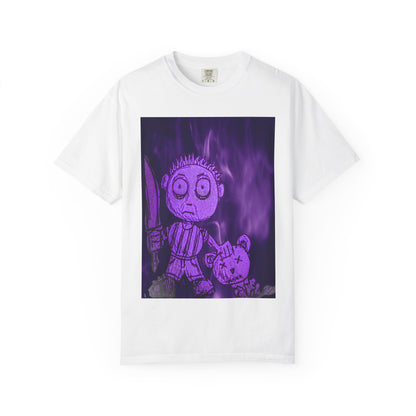 Horror Cartoon T-Shirt — Creepy Knife Kid with Broken Bunny Graphic
