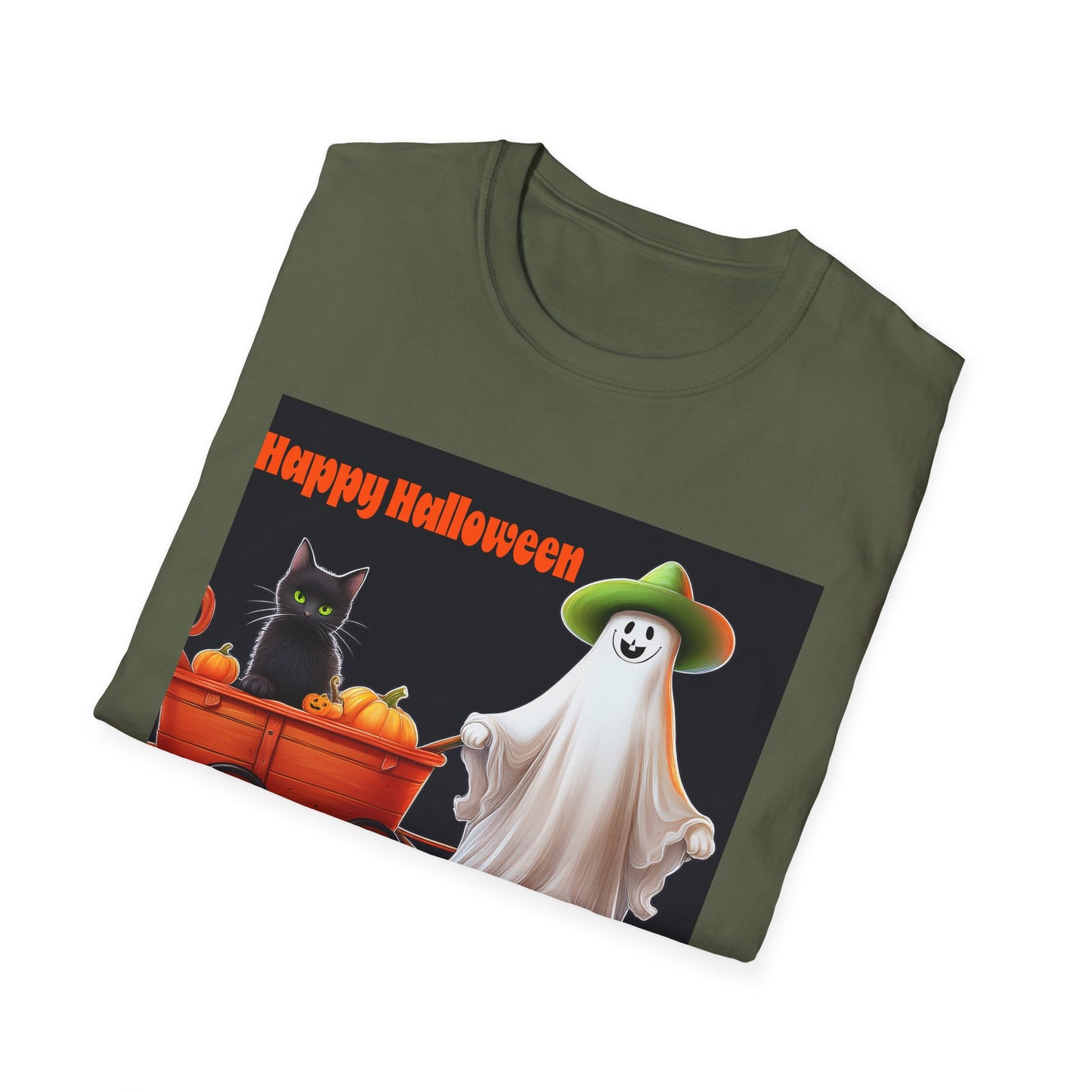 Halloween Ghost with wagon t-Shirt, trick or treating  Funny Halloween Tee, Unisex Casual Shirt, Cute Halloween Costume, Spooky Holiday Apparel