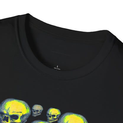 Neon Skull Cluster T-Shirt — Retro Grunge Graphic Tee for Halloween & Streetwear