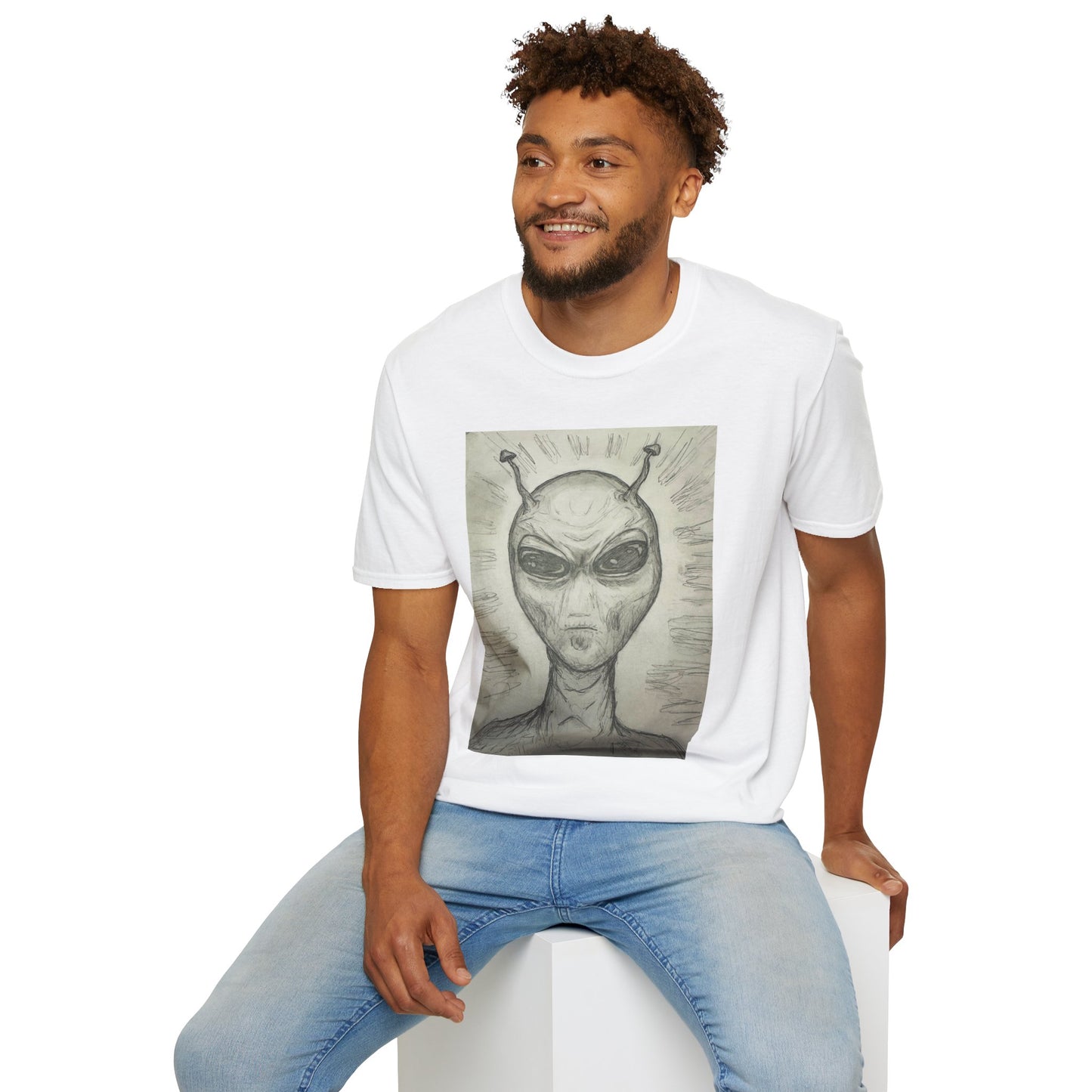Alien Sketch B & W Unisex Softstyle T-Shirt, Casual Graphic Tee, Sci-Fi Lover Apparel, Unique Gift for UFO Enthusiasts, Everyday Wear