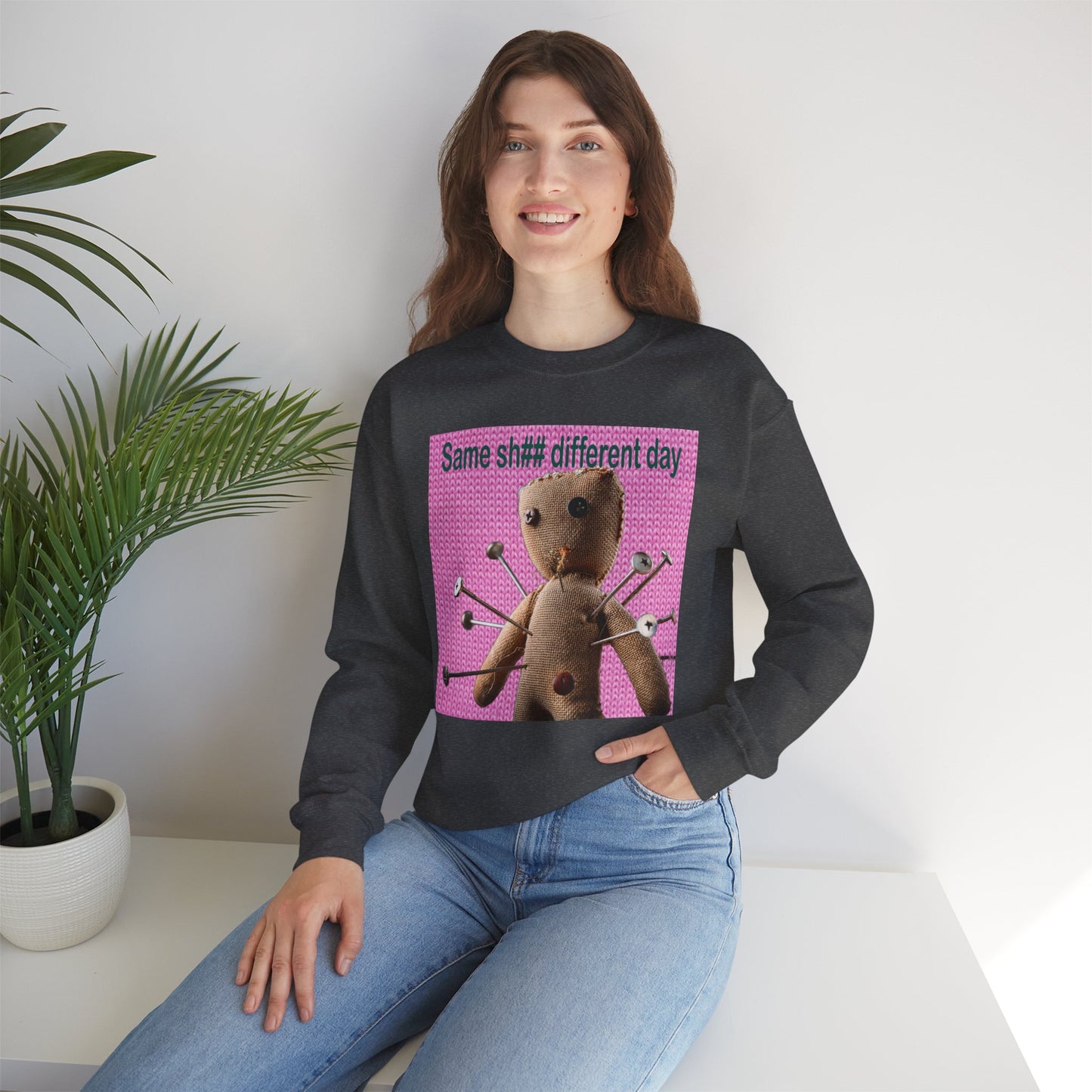 Voodoo Doll Funny Graphic Crewneck Sweatshirt, Casual Everyday Wear, Perfect Gift for Friends & Family, Humor, Quirky Style, Unisex