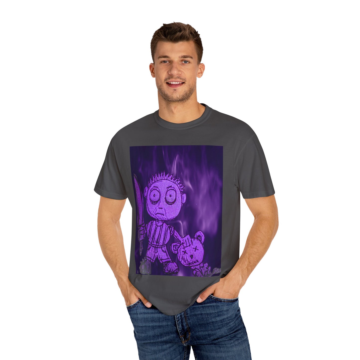 Horror Cartoon T-Shirt — Creepy Knife Kid with Broken Bunny Graphic