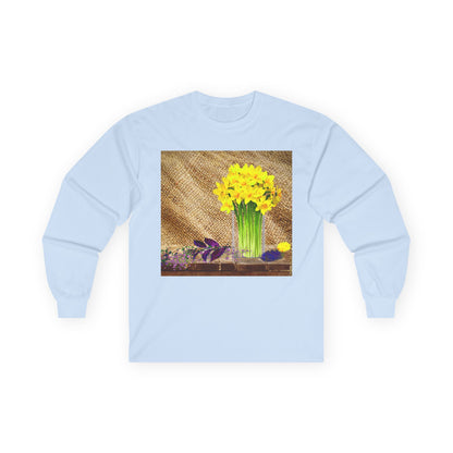Burlap Floral Long Sleeve Tee - Perfect for Outdoor Gatherings, Gift for Garden Lovers, Spring Celebrations, Cozy Casual Wear