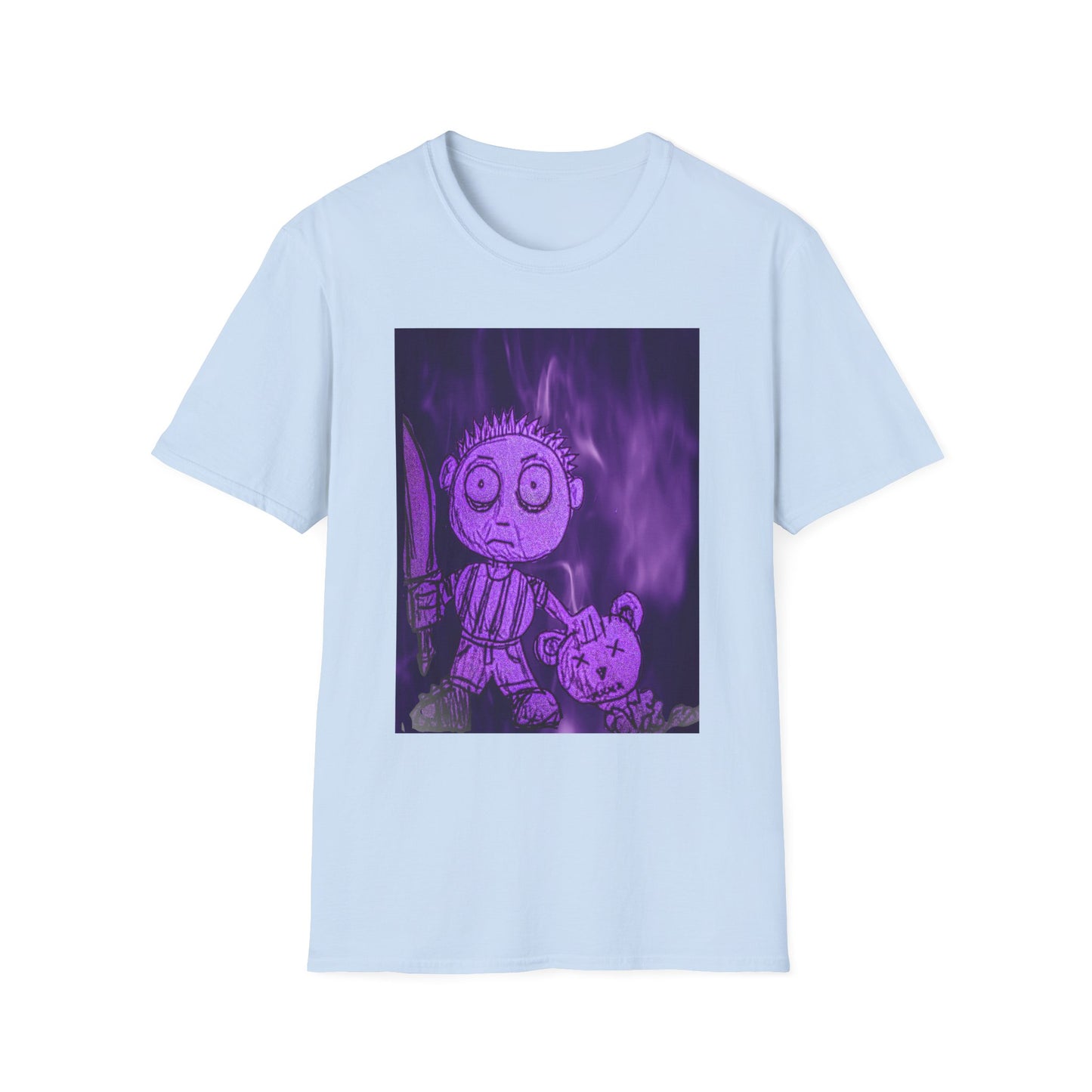 Gothic Purple Cartoon Horror Tee — Knife Kid with Teddy Graphic T-Shirt