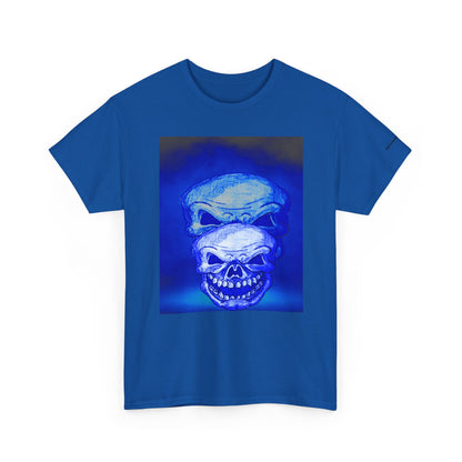 Skull Double Exposure Tee — Neon Blue Horror Graphic T-Shirt