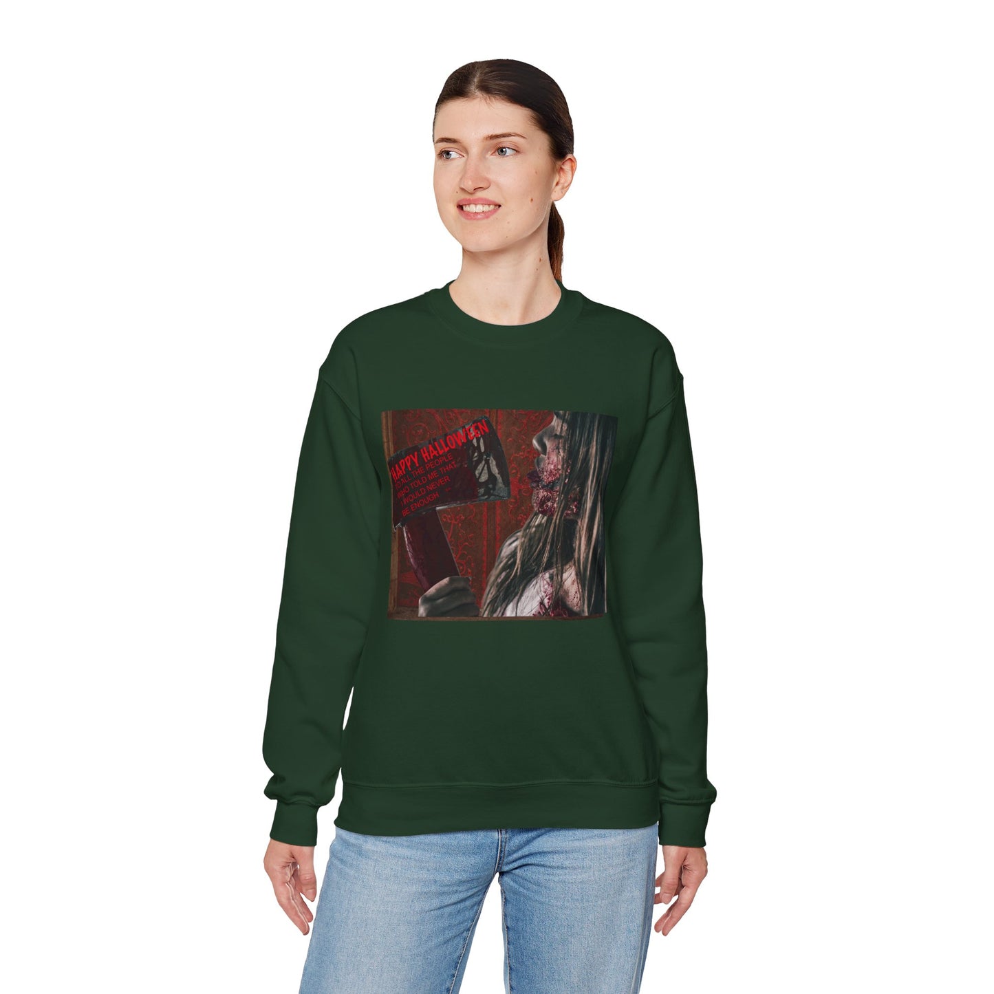 Halloween Horror Girl with Axe Sweatshirt, Unisex Crewneck, Horror Movie Fan Apparel, Halloween Costume Layering
