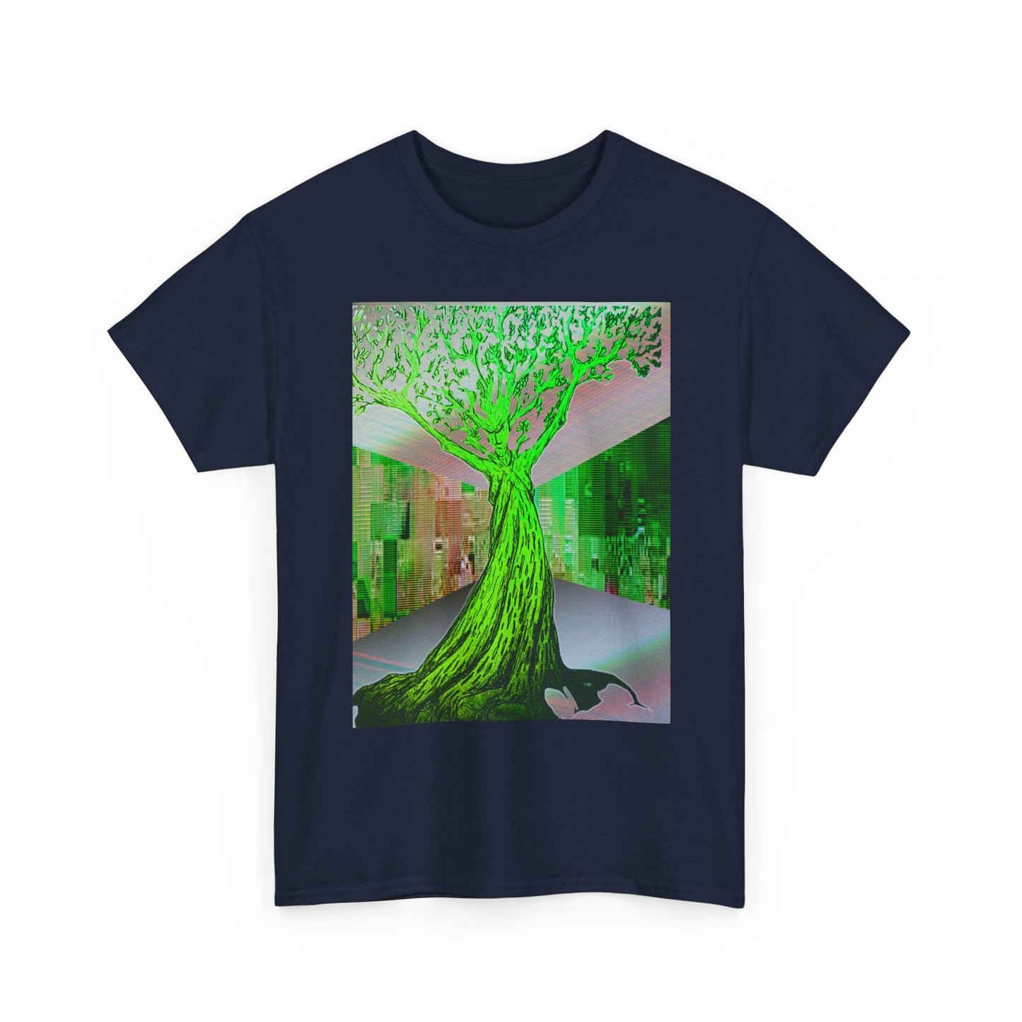 Green Neon Tree Graphic Tee – Surreal Nature Art T-Shirt