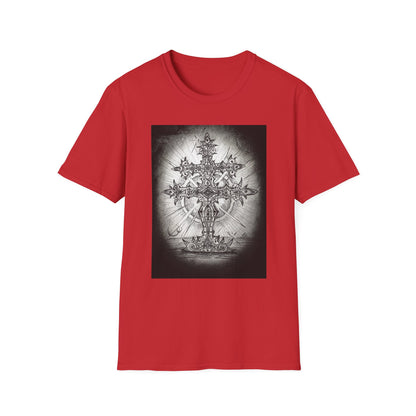 Celtic Cross Graphic Tee, Unisex Softstyle T-Shirt, Spiritual Cross Design Shirt, Casual Wear, Gift for Him/Her