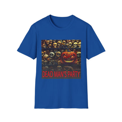 Halloween Dead Mans Party Tee, Unisex Softstyle T-Shirt, Skull Graphic Shirt, Casual Halloween Outfit, Spooky Season Apparel, Horror Fan Gift