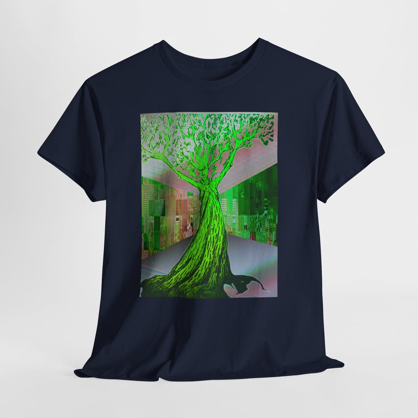 Green Neon Tree Graphic Tee – Surreal Nature Art T-Shirt