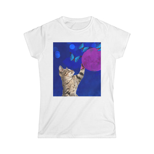 Playful tabby reaches for pink moon Women's Softstyle Tee